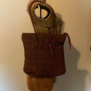 Vintage Woven Tote Brown Copper Tote Bag BOHO zipper close